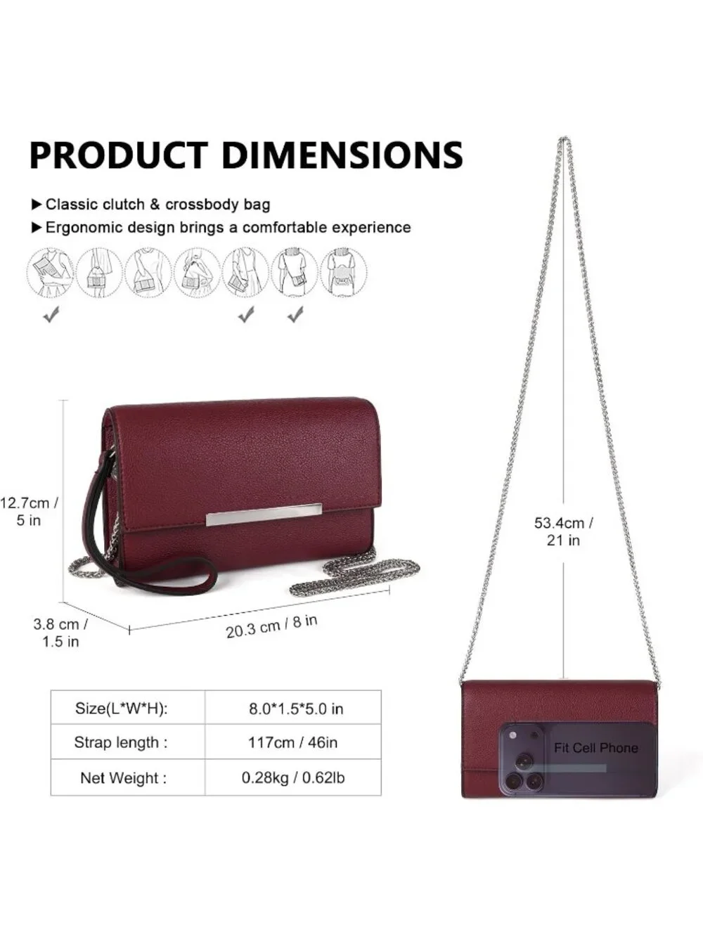 Women’s Burgundy Clutch Purses Wristlet Vegan Leather Formal Evening Bag